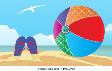 summer scene Flipflops and beachball in the sand 