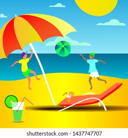 Summer scene, friends have fun playing on the beach. They play with the ball against the background of the sea, drink cold drinks.
