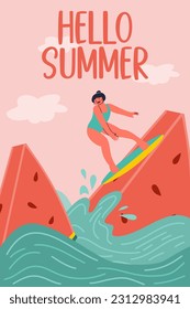Summer scene, a girl surfing in the sea with a watermelon. Vector illustration