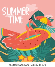 Summer scene, a girl surfing in the sea with a watermelon. Vector illustration