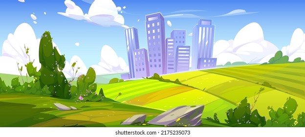 Summer scene with green fields and city on skyline. Vector cartoon illustration of countryside landscape with farm lands, green bushes, path and town at sunny weather