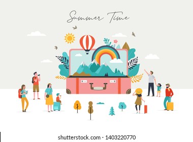 Summer scene, group of people, family and friends having fun against the huge open suitcase with travel scene, mountains, nature, rainbow and air balloon