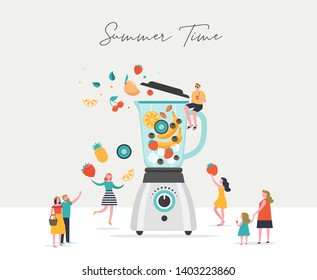 Summer scene, group of people, family and friends having fun against the huge blender, surfing, swimming in the pool, drinking cold beverage, playing on the beach