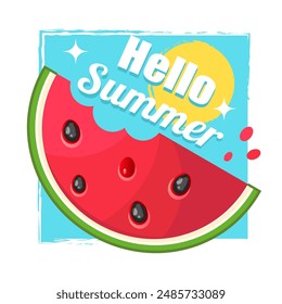 Summer scene, group of people, family and friends having fun around huge watermelon, surfing, sunbathing, drinking cold beverage, playing on the beach. Summer fun concept design.