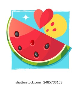 Summer scene, group of people, family and friends having fun around huge watermelon, surfing, sunbathing, drinking cold beverage, playing on the beach. Summer fun concept design.