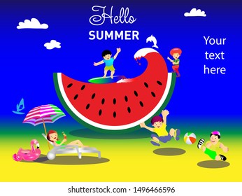 Summer scene, a group of people, friends having fun against a huge watermelon, surfing, children playing soccer, drinking cold drinks, playing on the beach, climbing. Stock Vector Graphics