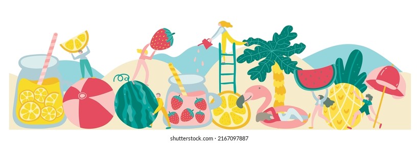 Summer scene, group of tiny people having fun against the huge cocktail, drinking beverage, playing on the beach. Party concept. juice, tropical beverage. Trendy banner, border, background