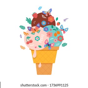 Summer scene with ice cream cone, sundae with flowers, fruits and butterflies. Floral summer fun vector illustration.