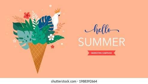 Summer scene with ice cream cone filled with jungle exotic leaves and parrot. Hello summer concept illustration, background and banner