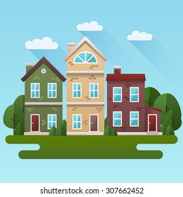 Summer scene illustration. Vector flat image with houses and trees in summer.