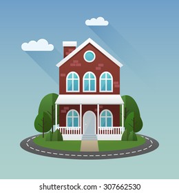 Summer scene illustration. Vector flat image with house and trees.