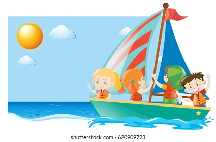 Summer scene with kids sailing illustration