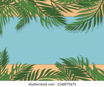 Summer scene, resembling a beach scene in top view: striped towel, sand, palm leaves.