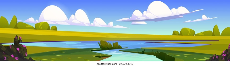 Summer scene with river flowing into lake, green grass and bushes with flowers. Countryside landscape with water stream or river inflow, pond and meadows, vector cartoon illustration