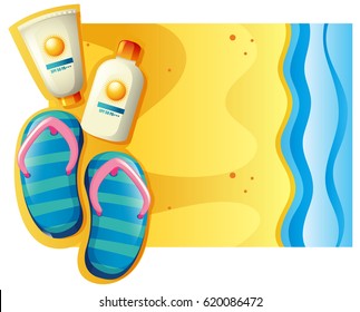 Summer scene with sunscreen and sandals on the beach illustration