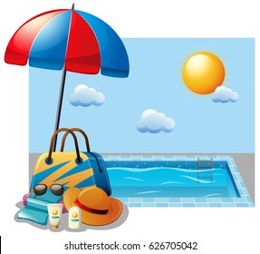 Summer scene with swimming pool and umbrella illustration