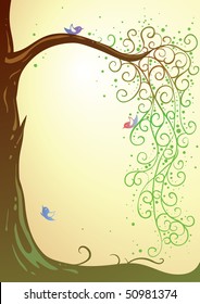 summer scene with tree and colorful birds with place for your text (AI8 with gradient)