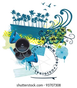 summer scene with wave palms flowers and speakers