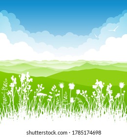 Escena de verano con hierbas silvestres y montañas en un fondo celeste nublado