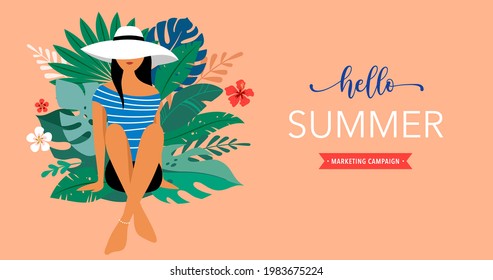 Sommerszene, junge Frau am Strand auf dem Hintergrund von Dschungelexotischen Blättern. Hallo Sommer-Illustration, Hintergrund und Banner