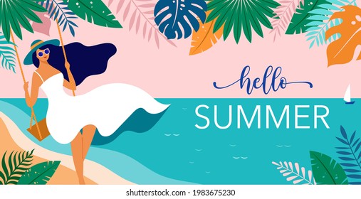 Summer scene, young woman sitting on swing on the beach, looking at the sea. Hello summer background and banner