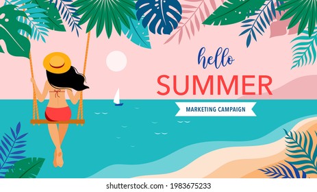 Summer scene, young woman sitting on swing on the beach, looking at the sea. Hello summer background and banner