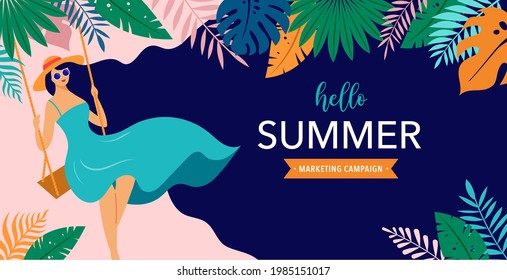 Summer scene, young woman sitting on swing on the beach, looking at the sea. Hello summer background and banner