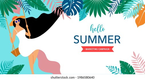 Summer scene, young woman sitting on swing on the beach, looking at the sea. Hello summer background and banner