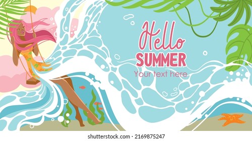 Summer scene, young woman sitting on swing on the beach, looking at the sea. Hello summer,  background, banner. Vector illustration.