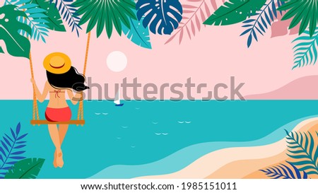 Summer scene, young woman sitting on swing on the beach, looking at the sea. Summer fun background and banner