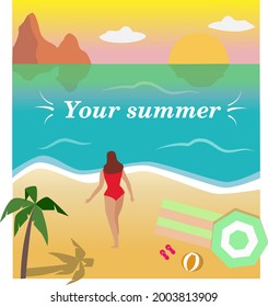 Summer scene, young woman stay on the beach, looking at the sea. Hello summer background and banner
