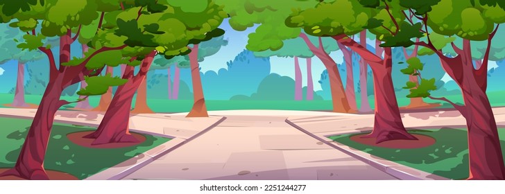 Summer scenery, city park landscape with green trees and grass, white stone walkway. Public empty sunny garden with plants and paths, vector cartoon illustration