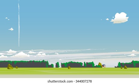 Summer scenery with clouds and plane trail.
