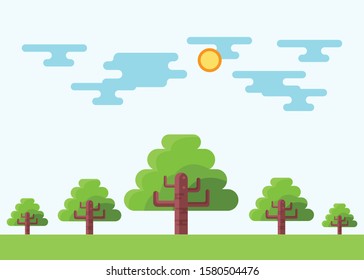 Summer scenery in countryside with tree vector illustration. Beautiful sky. The item is usable for postcard, background, slide presentation