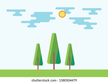 Summer scenery in countryside with tree vector illustration. Beautiful sky. The item is usable for postcard, background, slide presentation