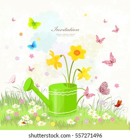 summer scenery with daffodils in a vintage cute green can watering for your design 