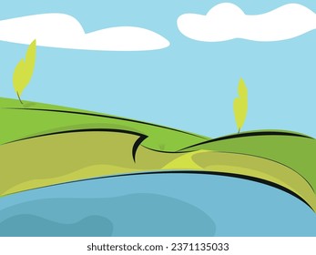 Summer scenery with lake, trees, sand beach, green trees and grass, vector cartoon illustration