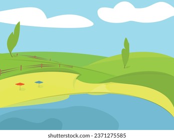 Summer scenery with lake, trees, sand beach, green trees and grass, vector cartoon illustration