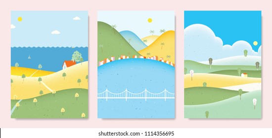 Summer scenery landscape, small house on the hill with sea, seaside small village with mountains and small house on the hill with clouds