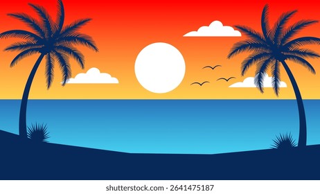 Summer Scenery, silhouette of Coconut Trees on the Beach in the afternoon