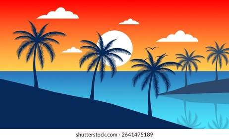 Summer Scenery, silhouette of Coconut Trees on the Beach in the afternoon