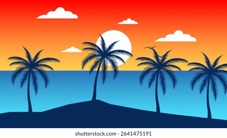 Summer Scenery, silhouette of Coconut Trees on the Beach in the afternoon