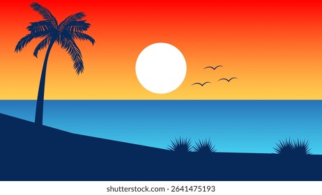 Summer Scenery, silhouette of Coconut Trees on the Beach in the afternoon