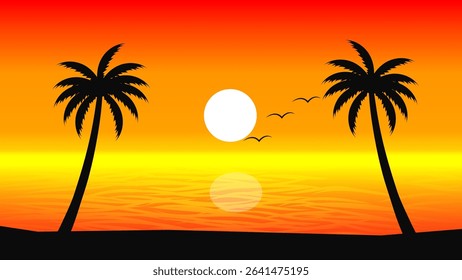 Summer Scenery, silhouette of Coconut Trees on the Beach in the afternoon