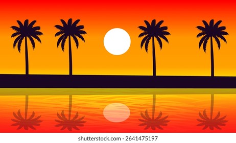 Summer Scenery, silhouette of Coconut Trees on the Beach in the afternoon