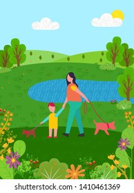 Summer scenery vector, pond mother and son eco clean nature. Forest with lake family walking with dog blue sky and blooming flowers bushy trees flat style
