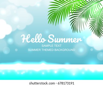 Summer scenery. Wonderful blue sky and shiny sea background with soft smooth bokeh and cloud. Decorate with coconut leaves.