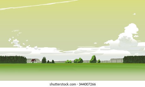 Summer scenery with yellow sky and clouds.