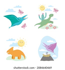 Summer scenes with cute dinosaurs. Illustration with dinos playing, flying, running. Funny prehistoric reptiles illustration for children
