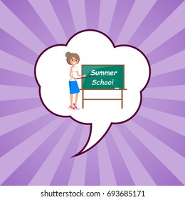 Summer school banner with teacher standing near blackboard in speech bubble on purple background with rays vector illustration